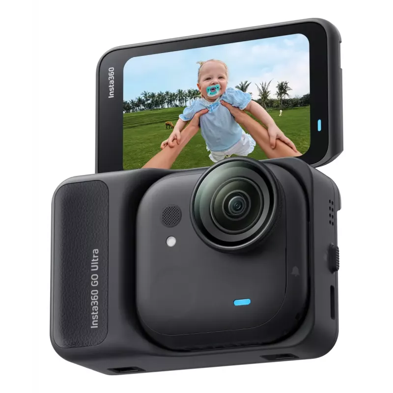 Sporta darbības kamera Insta360 GO Ultra Standard Melns — 4K Ultra HD 3840×2880, 1/1,28 collu sensors, 240 kadri/s, Wi‑Fi, iebūvēts displejs, MicroSD, 52,9 g