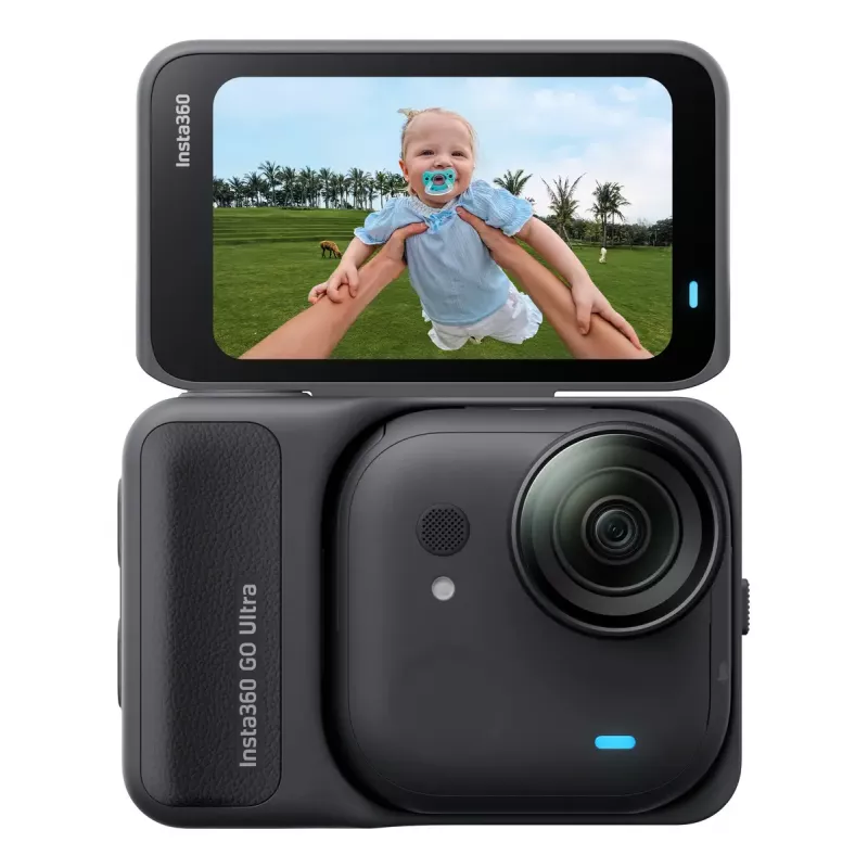 Sporta darbības kamera Insta360 GO Ultra Standard Melns — 4K Ultra HD 3840×2880, 1/1,28 collu sensors, 240 kadri/s, Wi‑Fi, iebūvēts displejs, MicroSD, 52,9 g