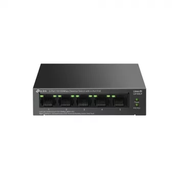 Nepārvaldīts slēdzis TP‑LINK LS105P, 5x Fast Ethernet (10/100) porti, 4x PoE porti, 1 Gbit/s komutācijas jauda, bez ventilatora, melns