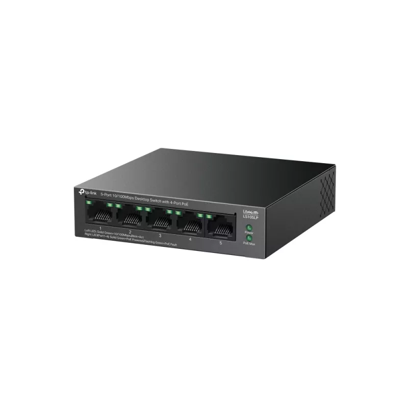 Nepārvaldīts slēdzis TP‑LINK LS105P, 5x Fast Ethernet (10/100) porti, 4x PoE porti, 1 Gbit/s komutācijas jauda, bez ventilatora, melns