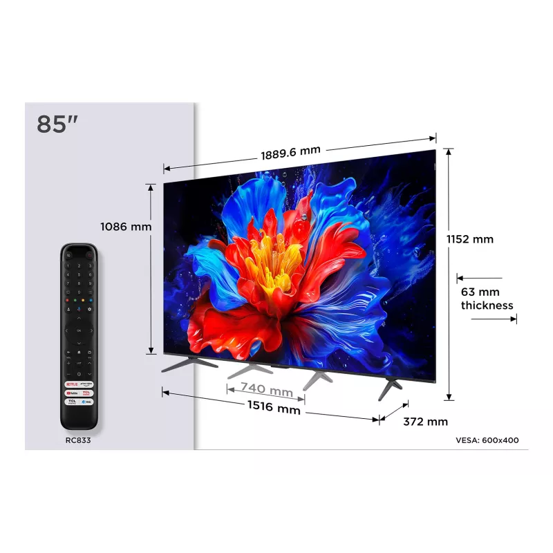 Smart TV TCL 85P89K 85 collas (216 cm) QLED 4K UHD, Google TV, HDR10+, 450 cd/m², 3840×2160