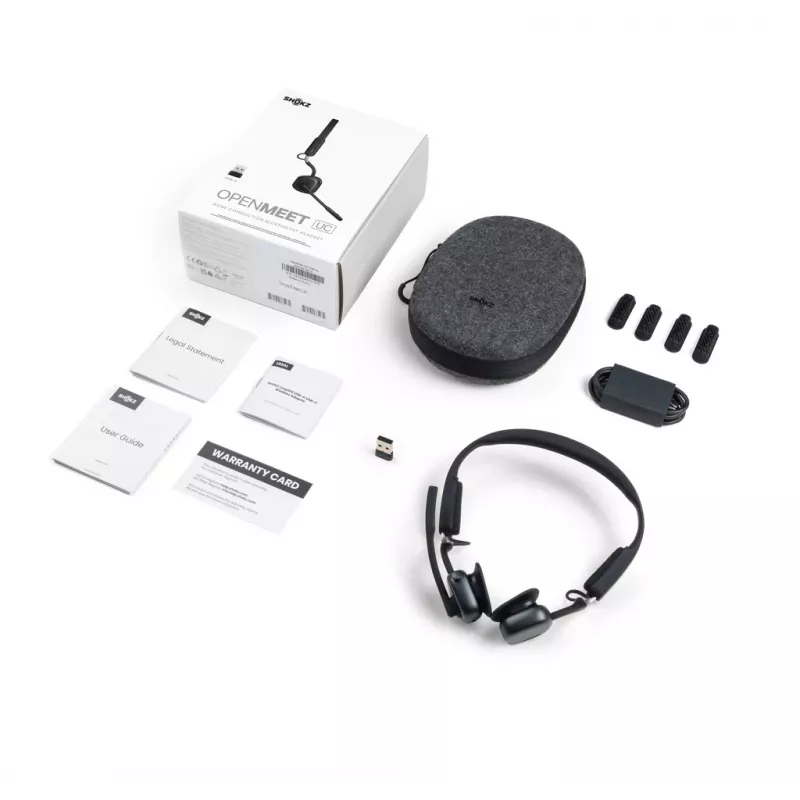 SHOKZ OpenMeet UC bezvadu Bluetooth kaulu vadošās videokonferenču austiņas ar USB-A adapteri