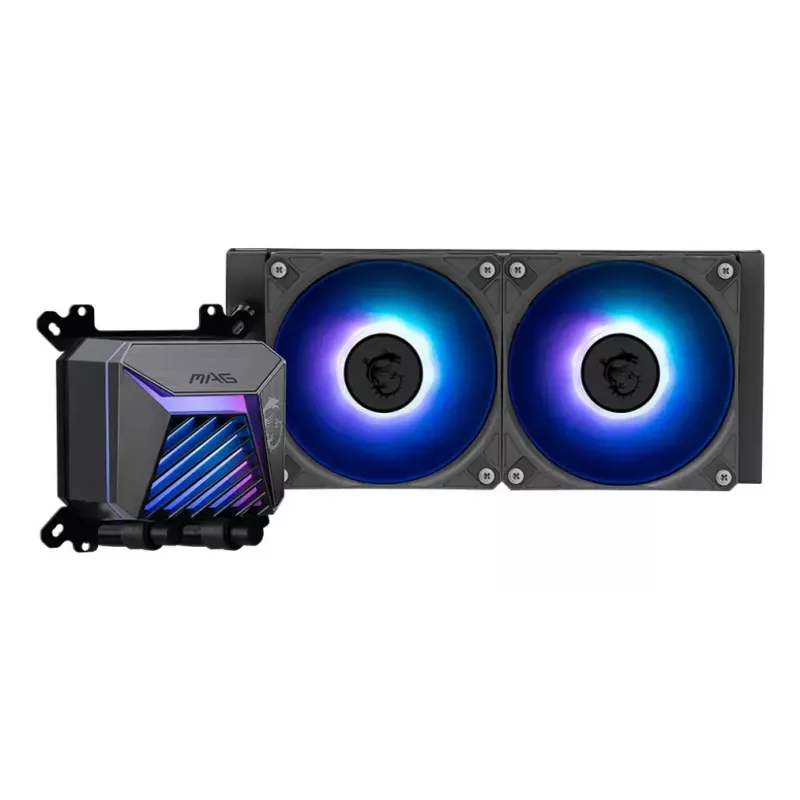 Universāls šķidruma dzesētājs MSI MAG Coreliquid A15 240 — 240 mm radiators, 2×120 mm ventilatori, LGA1700/AM4/AM5, melns