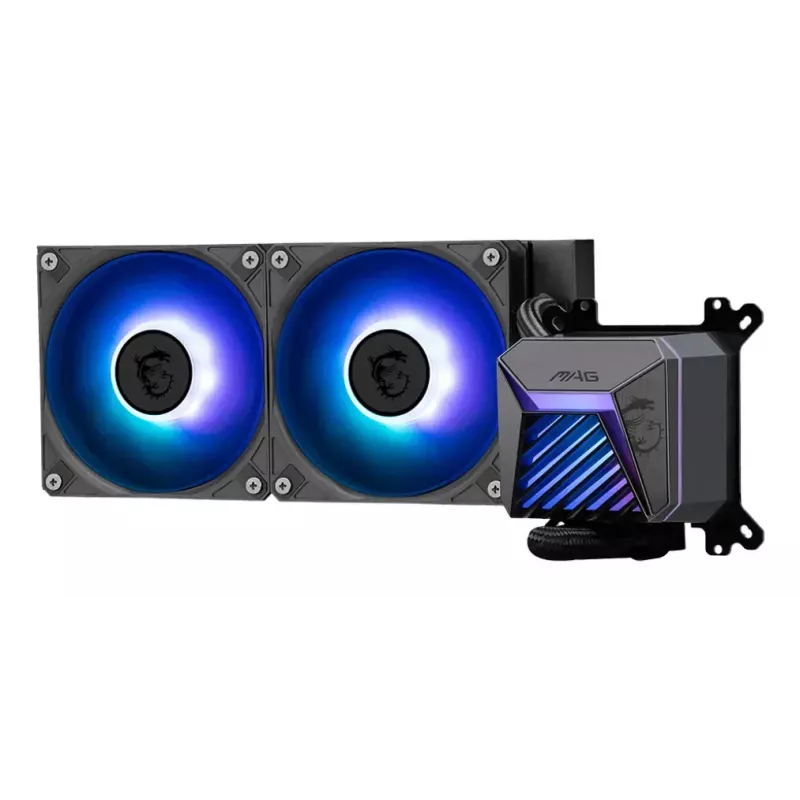 Universāls šķidruma dzesētājs MSI MAG Coreliquid A15 240 — 240 mm radiators, 2×120 mm ventilatori, LGA1700/AM4/AM5, melns