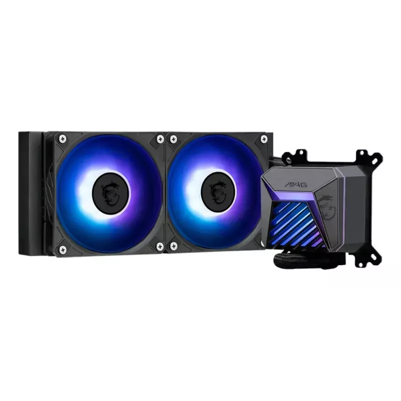 Universāls šķidruma dzesētājs MSI MAG Coreliquid A15 240 — 240 mm radiators, 2×120 mm ventilatori, LGA1700/AM4/AM5, melns