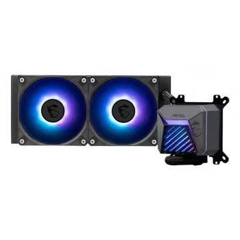 Universāls šķidruma dzesētājs MSI MAG Coreliquid A15 240 — 240 mm radiators, 2×120 mm ventilatori, LGA1700/AM4/AM5, melns