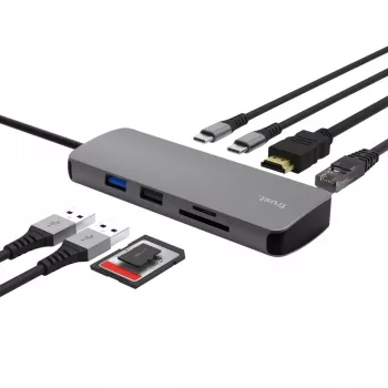 USB Type-C centrmezgls TRUST 25672 — HDMI, RJ-45, USB 3.2 Gen 1 Type-A/Type-C, SD/MicroSD, pelēks