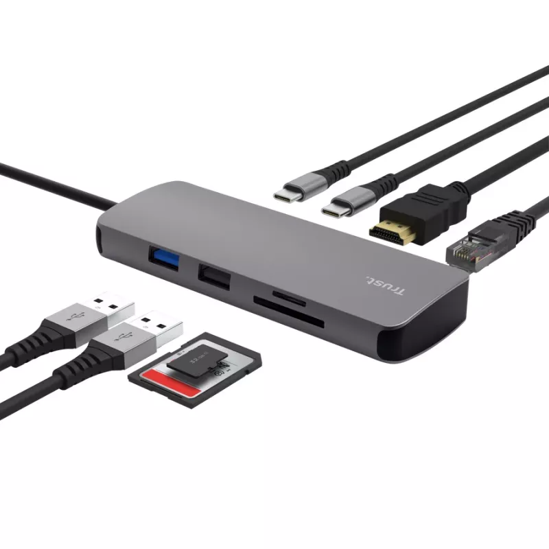 USB Type-C centrmezgls TRUST 25672 — HDMI, RJ-45, USB 3.2 Gen 1 Type-A/Type-C, SD/MicroSD, pelēks