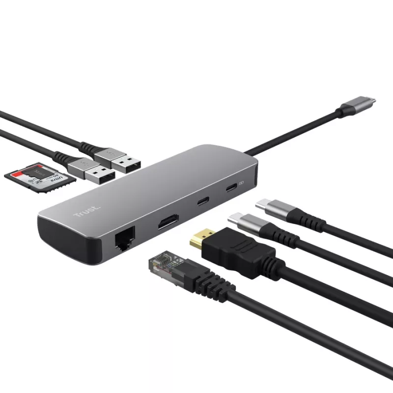 USB Type-C centrmezgls TRUST 25672 — HDMI, RJ-45, USB 3.2 Gen 1 Type-A/Type-C, SD/MicroSD, pelēks