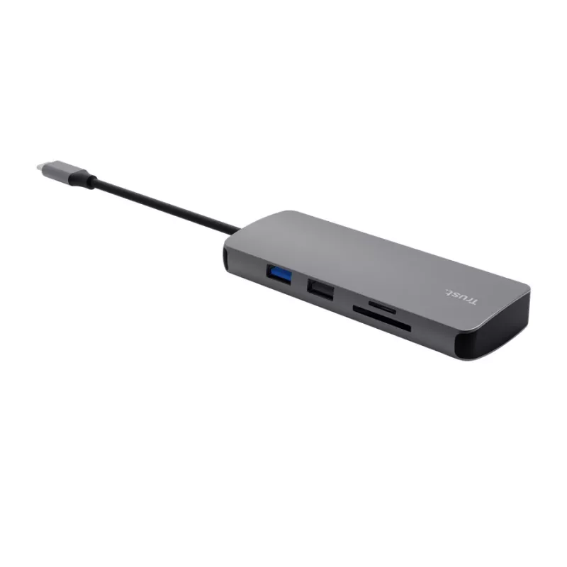 USB Type-C centrmezgls TRUST 25672 — HDMI, RJ-45, USB 3.2 Gen 1 Type-A/Type-C, SD/MicroSD, pelēks
