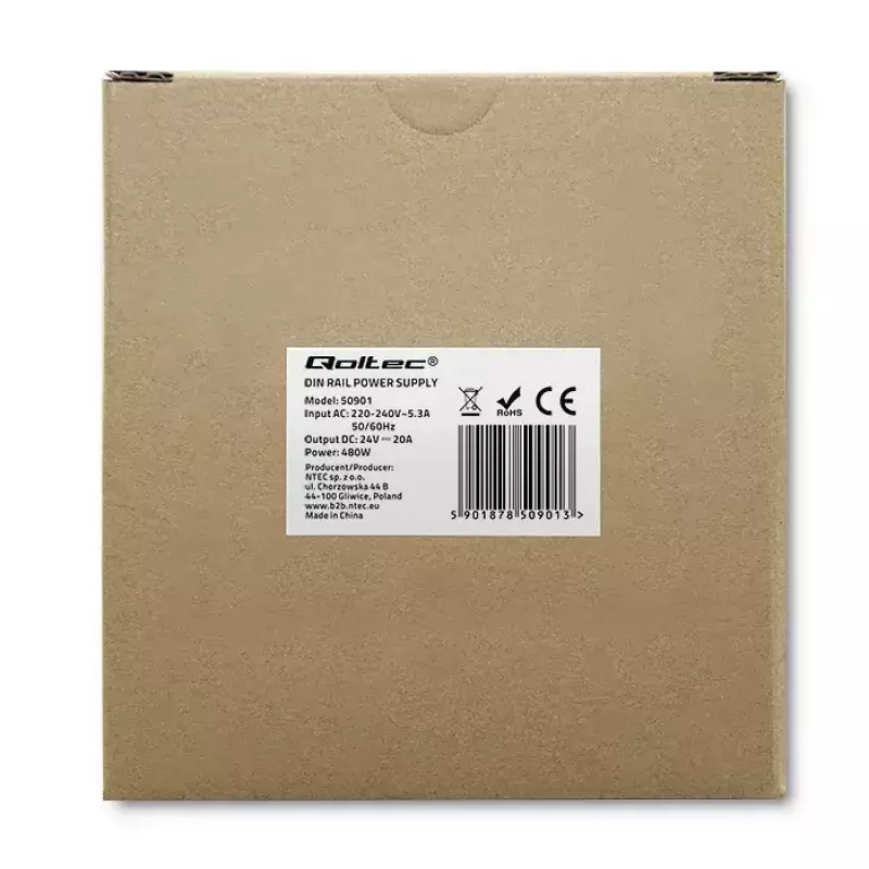 Industriālais DIN sliedes barošanas bloks QOLTEC 50901 — 480W, 24V līdzstrāva, 20A