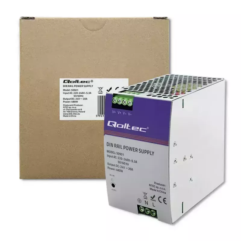 Industriālais DIN sliedes barošanas bloks QOLTEC 50901 — 480W, 24V līdzstrāva, 20A
