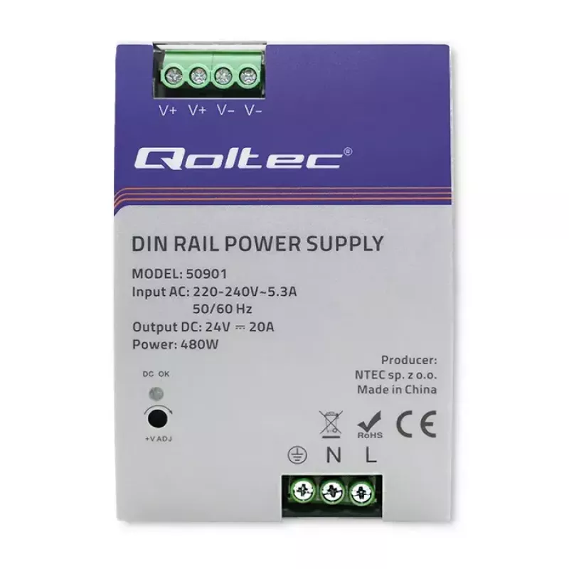 Industriālais DIN sliedes barošanas bloks QOLTEC 50901 — 480W, 24V līdzstrāva, 20A