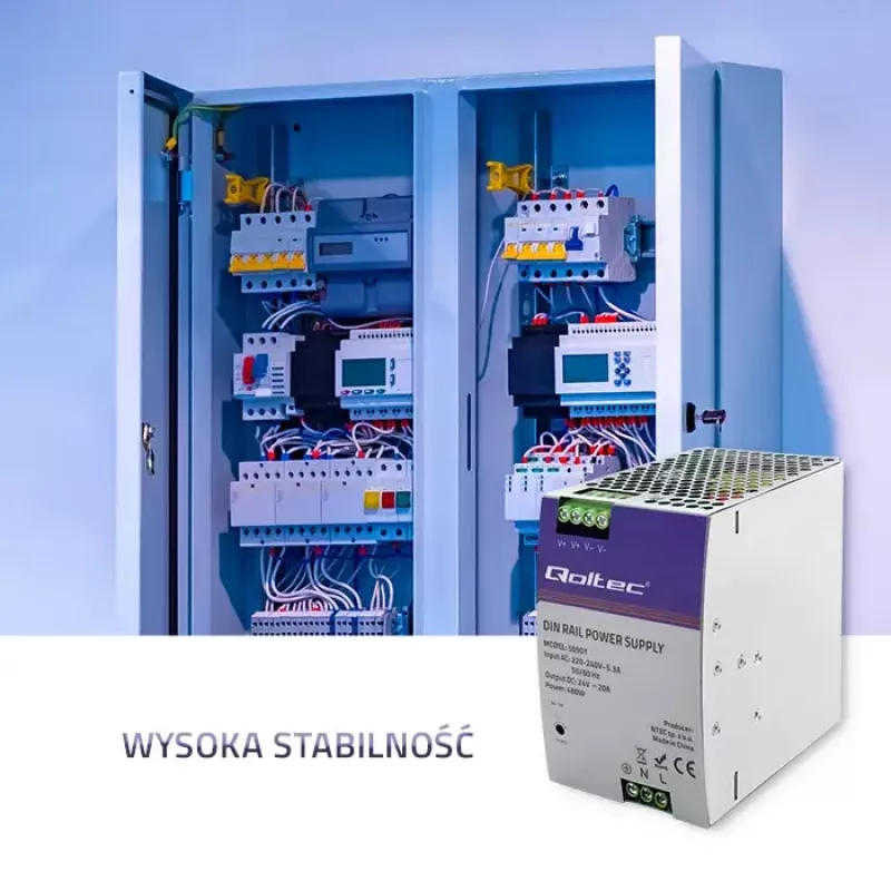 Industriālais DIN sliedes barošanas bloks QOLTEC 50901 — 480W, 24V līdzstrāva, 20A