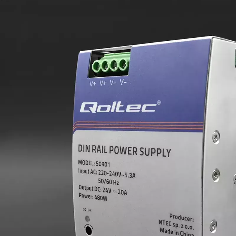 Industriālais DIN sliedes barošanas bloks QOLTEC 50901 — 480W, 24V līdzstrāva, 20A
