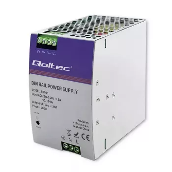 Industriālais DIN sliedes barošanas bloks QOLTEC 50901 — 480W, 24V līdzstrāva, 20A