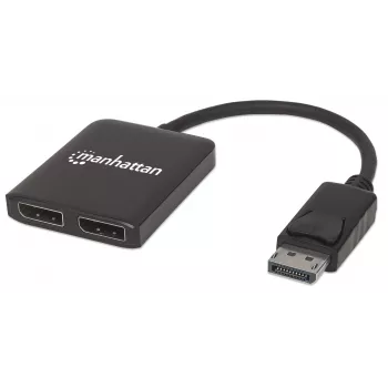 Manhattan DisplayPort 1.2 uz 2 portu DisplayPort 1.2 sadalītājs-hubs ar MST, 4K@30Hz, barošana caur USB-A, video sienas funkcija, melns, MST = vairāku straumju transportēšana, 3 gadu garantija