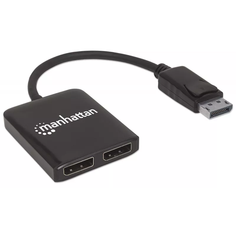 Manhattan DisplayPort 1.2 uz 2 portu DisplayPort 1.2 sadalītājs-hubs ar MST, 4K@30Hz, barošana caur USB-A, video sienas funkcija, melns, MST = vairāku straumju transportēšana, 3 gadu garantija