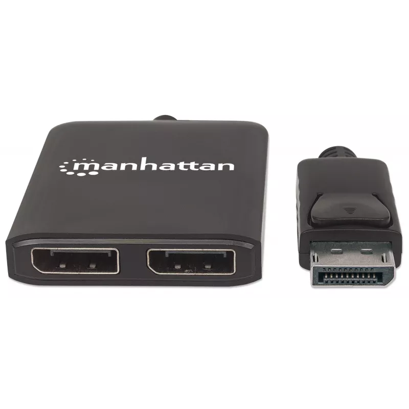 Manhattan DisplayPort 1.2 uz 2 portu DisplayPort 1.2 sadalītājs-hubs ar MST, 4K@30Hz, barošana caur USB-A, video sienas funkcija, melns, MST = vairāku straumju transportēšana, 3 gadu garantija
