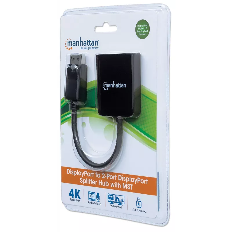Manhattan DisplayPort 1.2 uz 2 portu DisplayPort 1.2 sadalītājs-hubs ar MST, 4K@30Hz, barošana caur USB-A, video sienas funkcija, melns, MST = vairāku straumju transportēšana, 3 gadu garantija