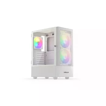 PC korpuss KRUX VAKO KRXD005 ATX melns — rūdīts stikls, RGB, atbalsta Micro-ITX/ATX, 2x3,5 collu + 2x2,5 collu nodalījumi, GPU līdz 31 cm