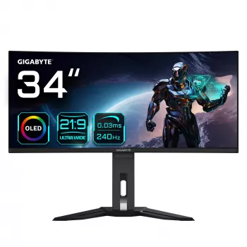 GIGABYTE MO34WQC2 34 collu OLED WQHD izliekts spēļu monitors - 3440 x 1440, 240Hz, 0.03ms, KVM, 250 cd/m², FreeSync Premium Pro, DisplayHDR True Black 400, HDMI 2.1, Displayport 1.4