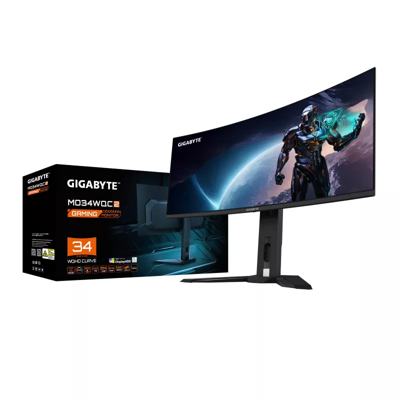 GIGABYTE MO34WQC2 34 collu OLED WQHD izliekts spēļu monitors - 3440 x 1440, 240Hz, 0.03ms, KVM, 250 cd/m², FreeSync Premium Pro, DisplayHDR True Black 400, HDMI 2.1, Displayport 1.4