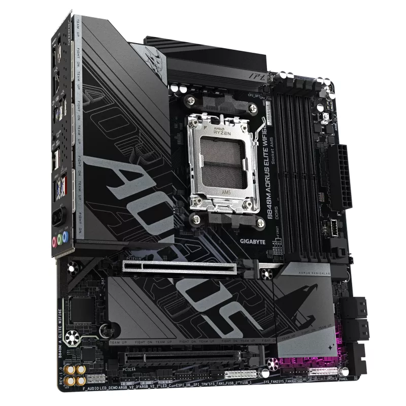 GIGABYTE B840M AORUS ELITE WIFI6E mātesplate - AMD Ryzen 9000 CPU, 10+2+2 fāžu VRM, līdz 8200MHz DDR5(O.C.), 2xPCIe 4.0 M.2, Wi-Fi 6E, 2.5GbE LAN, USB 3.2 Gen 2