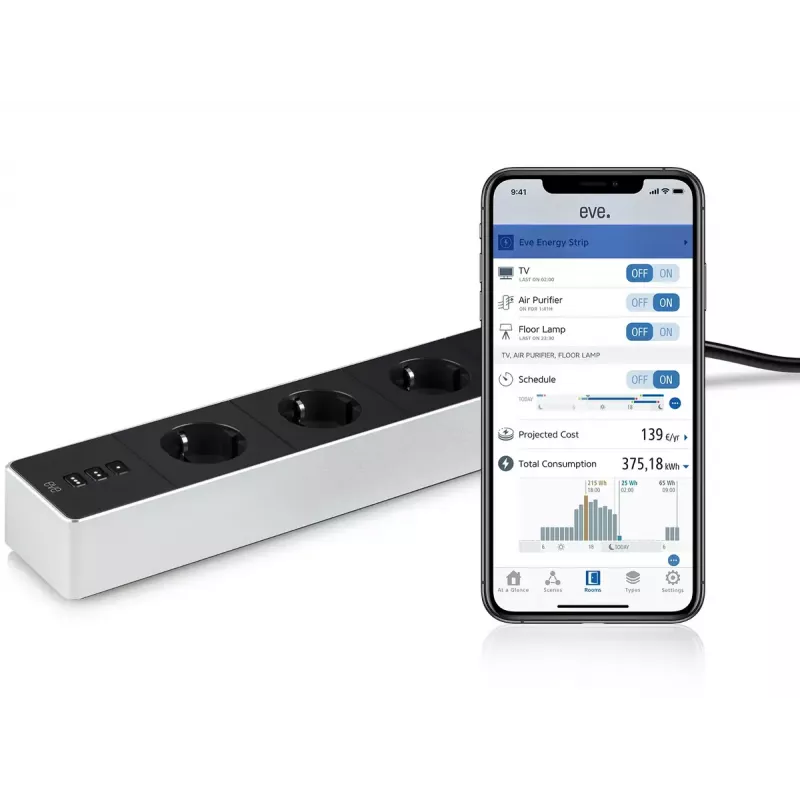 Eve Energy Strip strāvas sadalītājs Melns Balts 3 maiņstrāvas kontaktligzdas 120-230 V 1,9 m