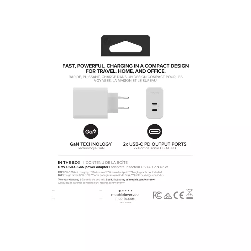 mophie Accessories-Sienas adapteris-USB-C-PD-DUAL-67W-GAN-Balts-EU (2xUSBC)