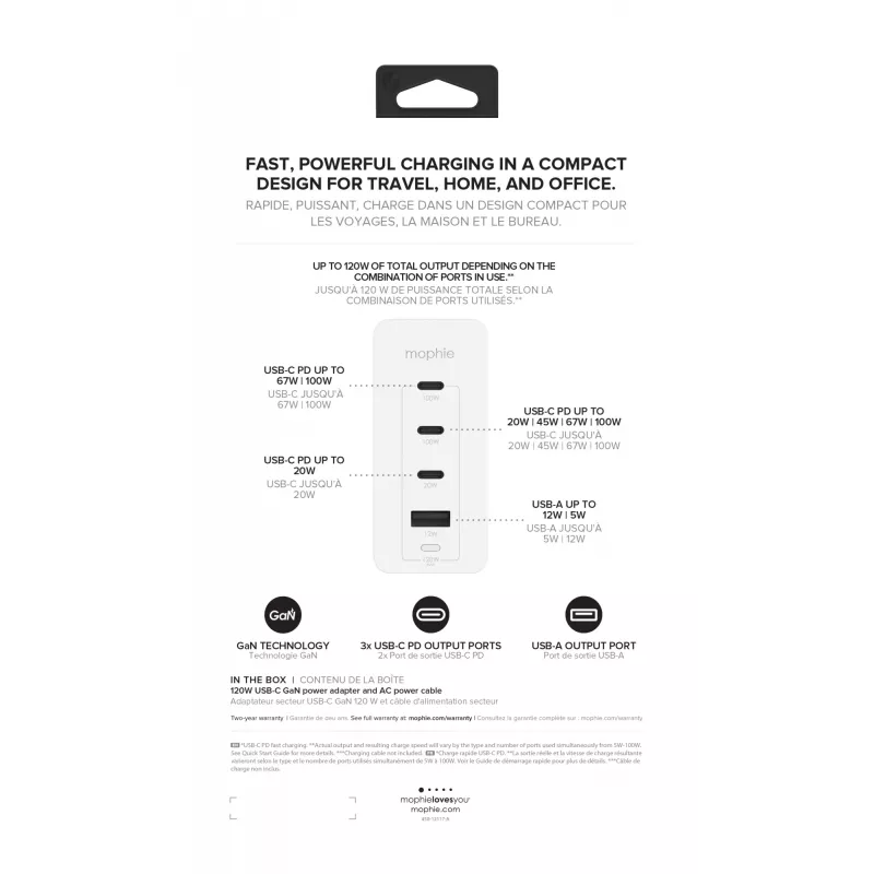 mophie Accessories-Sienas adapteris-USB-C-PD-HUB-120W-GAN-Balts-EU(3xUSBC + 1xUSBA)