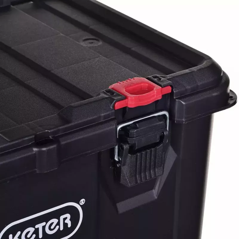 Kraujami glabāšanas konteineri Keter 250927 — 3 kraujamu tehno-polimēra organizētāju komplekts ar riteņiem un slēdzeni, 525×694×411 mm, melni