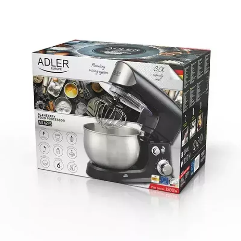Virtuves kombains Adler AD 4226b — 700 W (maks. 1200 W), 3 L nerūsējošā tērauda bļoda, 6 ātrumi, planētārā rotācija