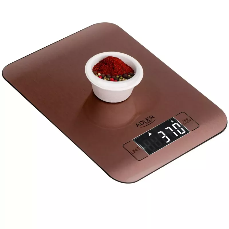 Elektroniskā virtuves svari Adler AD 3183 — 5 kg ietilpība, 1 g precizitāte, nerūsējošā tērauda svēršanas virsma, vara krāsa