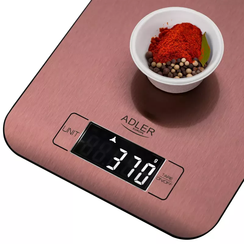 Elektroniskā virtuves svari Adler AD 3183 — 5 kg ietilpība, 1 g precizitāte, nerūsējošā tērauda svēršanas virsma, vara krāsa