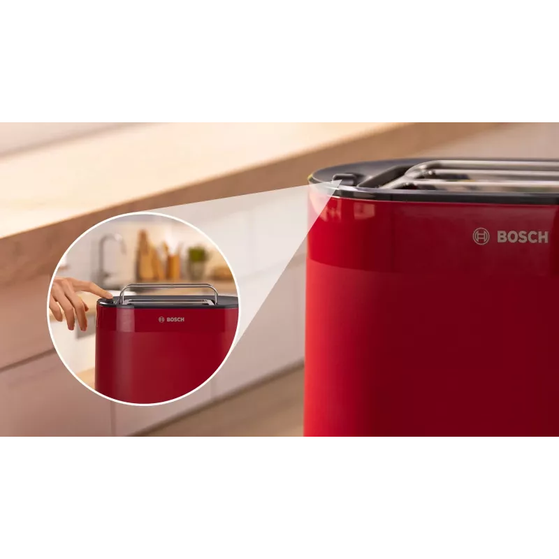 Tosteris Bosch TAT2M124 — 2 šķēļu 950 W, sarkans, maizes centrēšana, atkausēšana, pacelšana