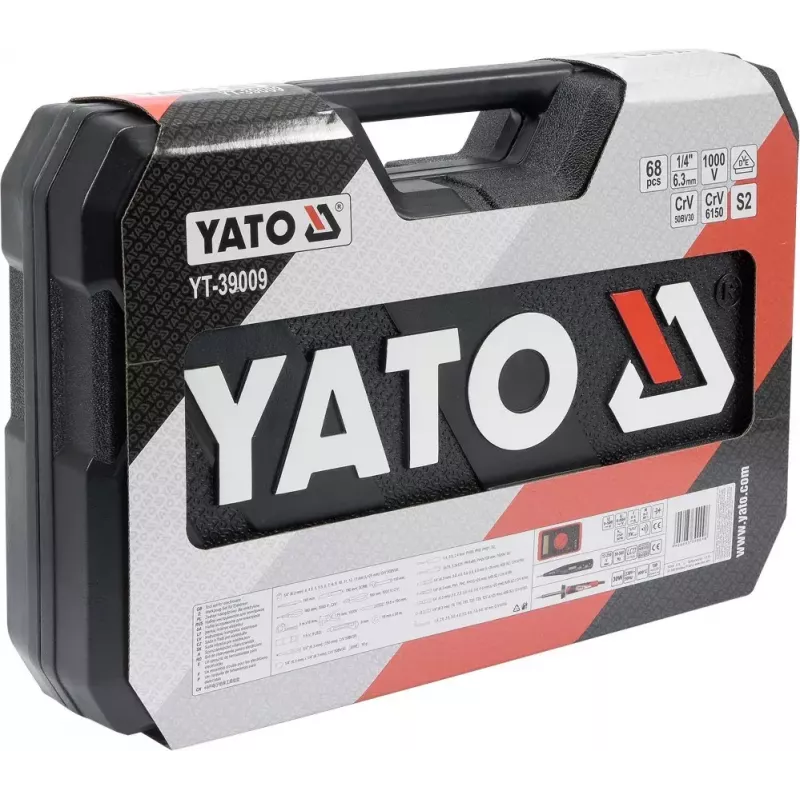 Mehāniķa instrumentu komplekts Yato YT-39009 — 68 detaļu komplekts, 1/4 collu piedziņa, melns futrālis