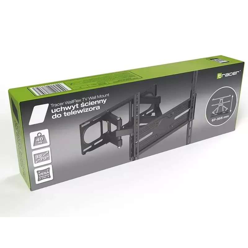 Sienas TV kronšteins TRACER TRAUCH47656 – regulējams slīpums +3° līdz -15°, elastīga svira, melns, piemērots 37 collu–70 collu televizoriem, max svars 40 kg, platums 450 mm, dziļums 35,5 cm