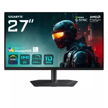 GIGABYTE MO27Q2A 27” OLED 2K QHD spēļu monitors - 2560 x 1440, 280Hz, 0.03ms, 250 cd/m², FreeSync Premium Pro, DisplayHDR True Black 400, HDMI 2.1, Displayport 1.4