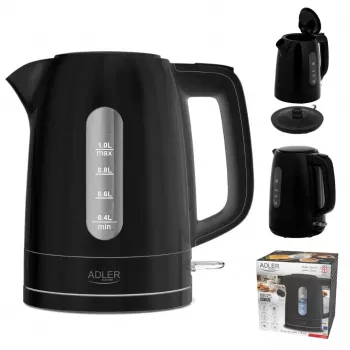 Elektriskā tējkanna Adler AD 1380B — 1,7 L, līdz 2200 W, melna, 360° pamatne