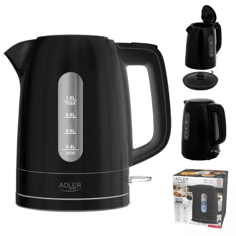 Elektriskā tējkanna Adler AD 1380B — 1,7 L, līdz 2200 W, melna, 360° pamatne