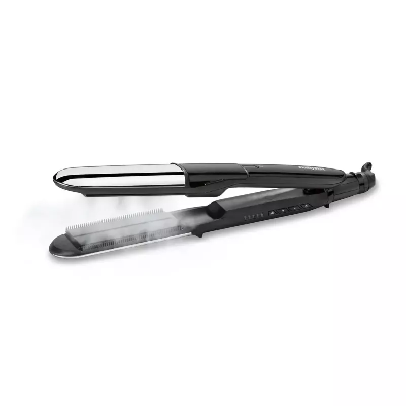 Taisnošanas gludeklis BABYLISS ST496E — tvaika miglas veidotājs, platās keramikas plāksnes 39×100 mm, 150–230°C, 67W, 2,5 m grozāms vads