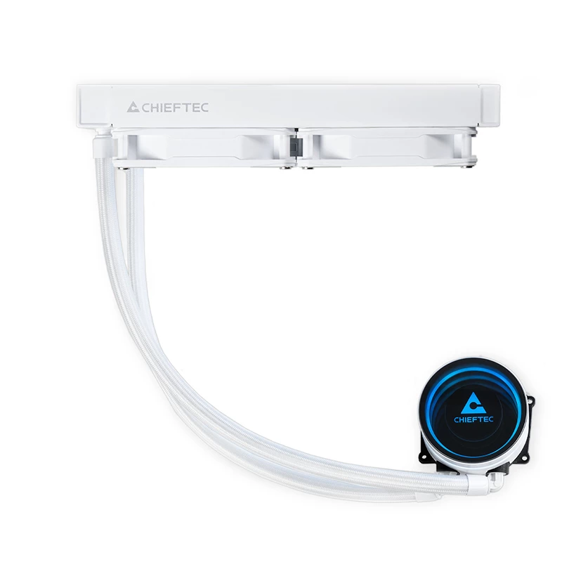 Universāls šķidruma dzesētājs CHIEFTEC ICEBERG 240-RGB-W — 240 mm radiators, 2 x 120 mm RGB ventilatori, balts