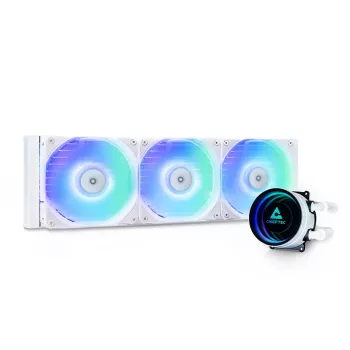 Universāls šķidruma dzesētājs CHIEFTEC CLC-360-RGB-W — 360 mm radiators, 3x 120 mm RGB ventilatori, balts, 40 cm caurules