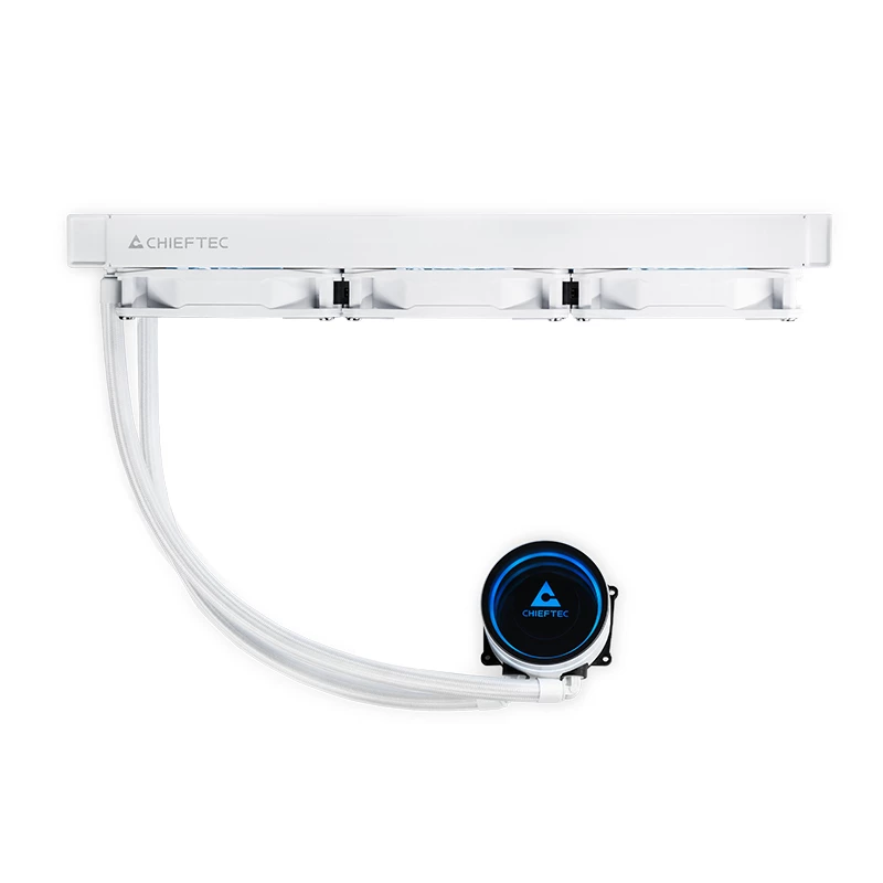 Universāls šķidruma dzesētājs CHIEFTEC CLC-360-RGB-W — 360 mm radiators, 3x 120 mm RGB ventilatori, balts, 40 cm caurules