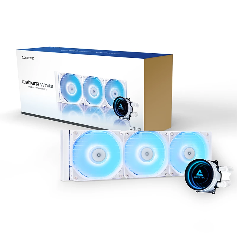Universāls šķidruma dzesētājs CHIEFTEC CLC-360-RGB-W — 360 mm radiators, 3x 120 mm RGB ventilatori, balts, 40 cm caurules