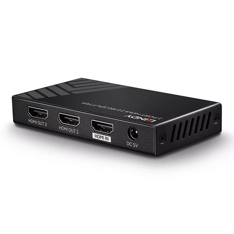 Lindy 2 Port HDMI 2.0 18G Splitter, HDMI, 2x HDMI, 3840 x 2160 pikseļi, melns, metāla, CE, FCC, RoHS, REACH, Kalifornijas 65. priekšlikums