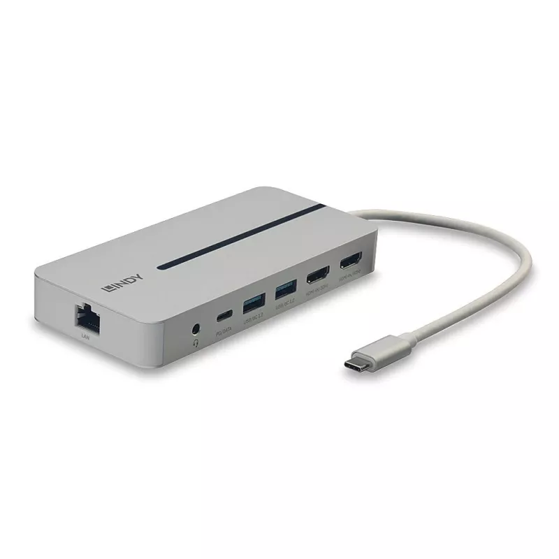 Lindy DST-Mx Duo USB-C klēpjdatora / MacBook mini dokstacija ar divu displeju (4K) atbalstu un 100 W caurlaides uzlādi