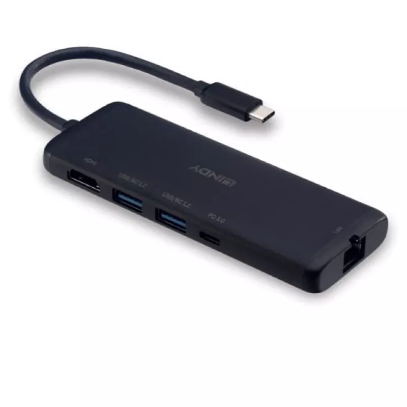 Lindy DST-Mini USB-C klēpjdatora mini dokstacija ar 4K atbalstu un 100 W caurlaides uzlādi