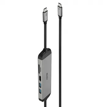Lindy DST-Micro 140, USB-C klēpjdatora mikro dokstacija ar 4K atbalstu un 1,4 m 60 W uzlādes kabeli